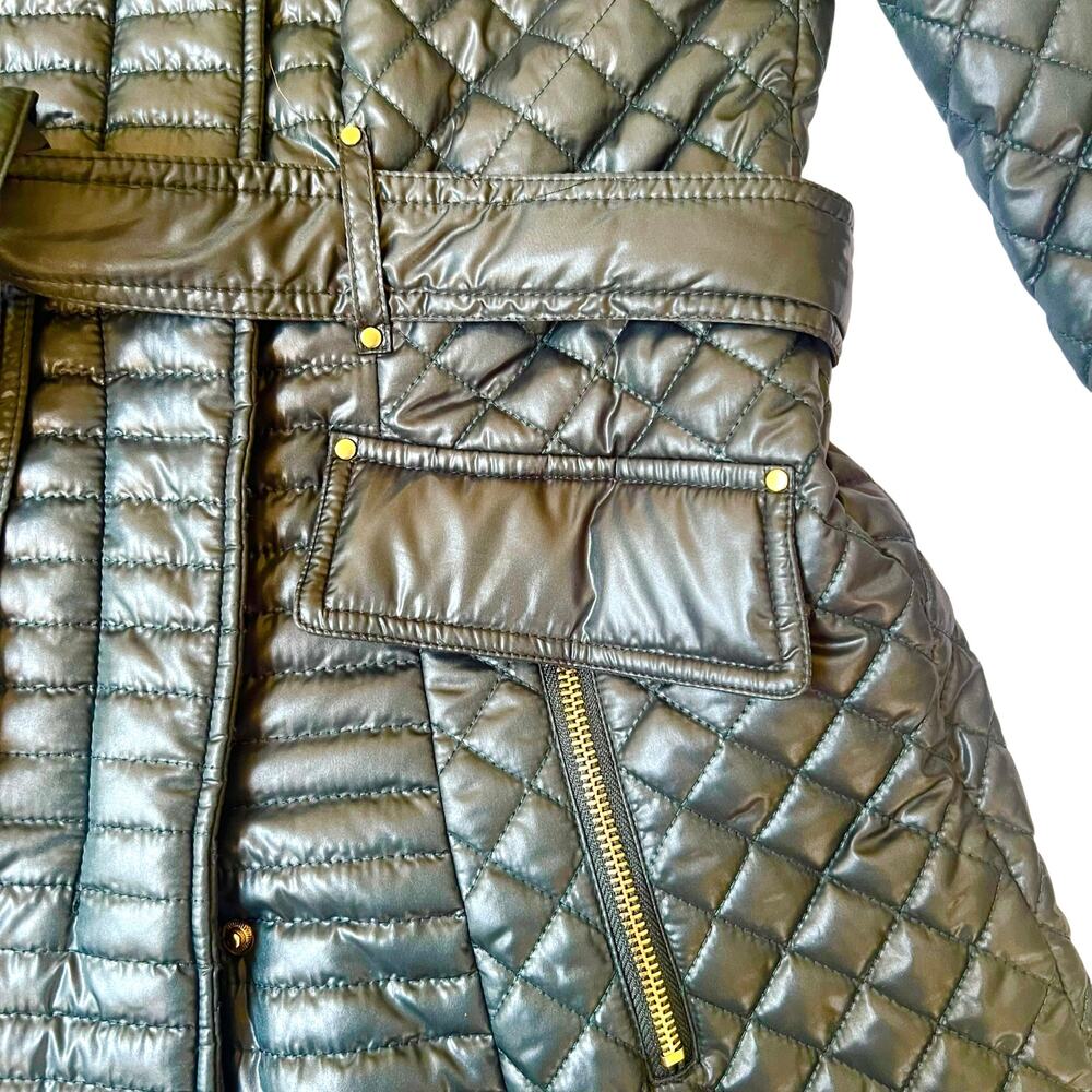 Via Spiga Women’s Evergreen Quilted Belted Coat Size M Gold Hardware - Picture 7 of 13